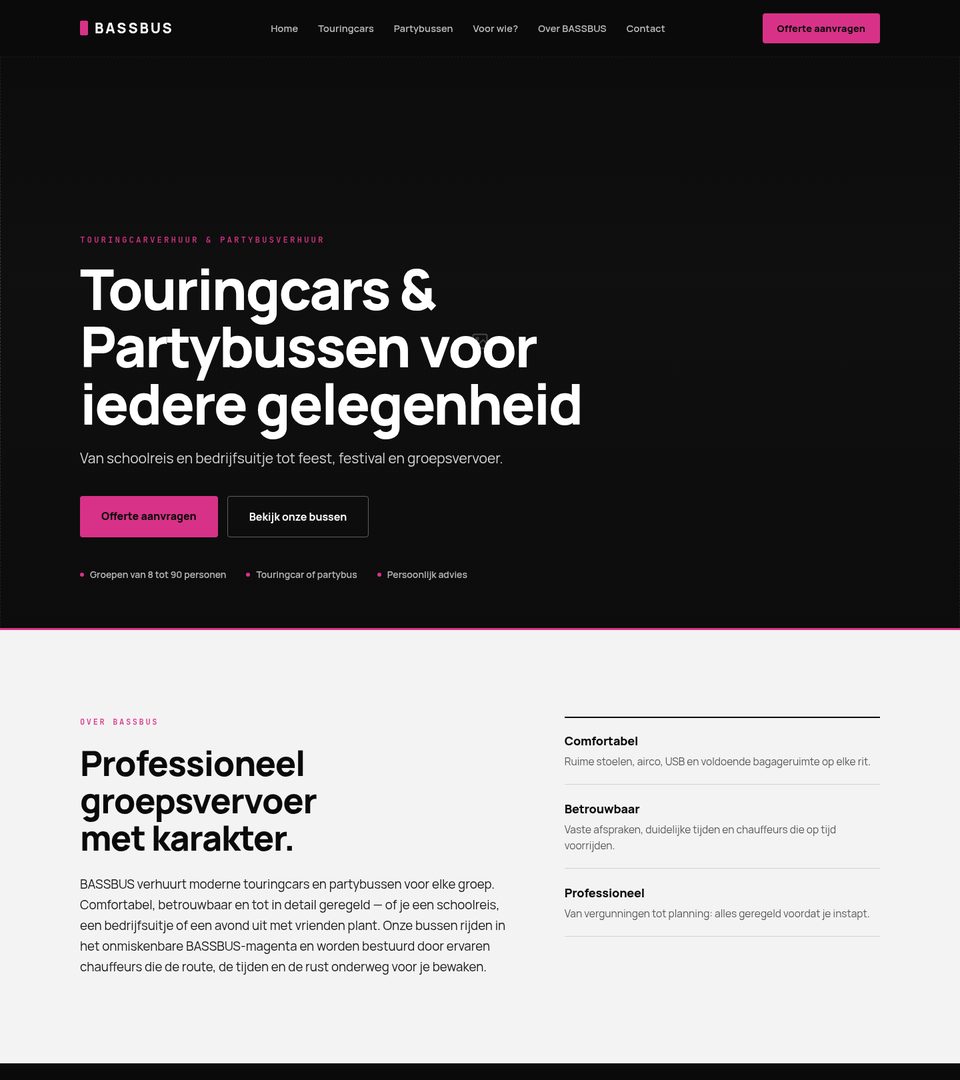 Thema 1 — donkere homepage met grote witte kop en magenta knop