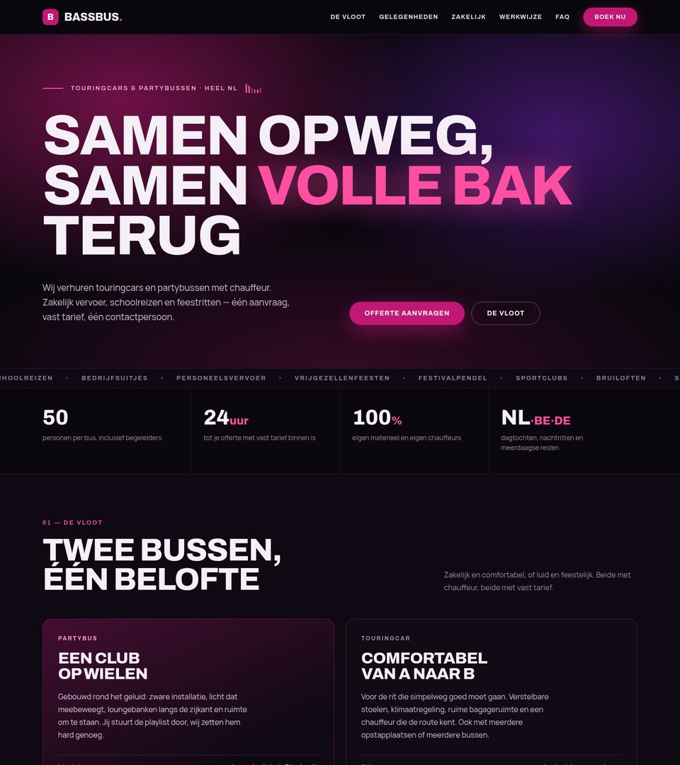 Thema 3 — paars-magenta homepage met grote kop in kapitalen